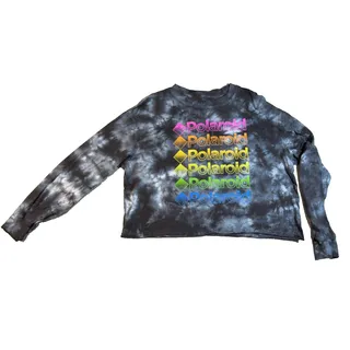 Photo of Polaroid Shirt Women XXL Black Tie Dye Cropped Long Sleeve Rainbow Graphic