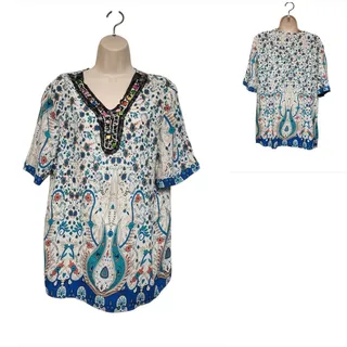 Photo of UNIVERSAL FASHION WOMEN EMEBELISHED V-NECK PAISLEY FLORAL MULT-WHITE BLOUSE XXXL