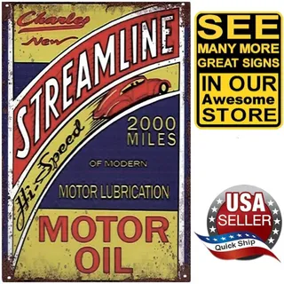 Photo of Metal Tin Petroliana Sign •Charles New Streamline Hi-Speed Motor Oil •2000 Miles