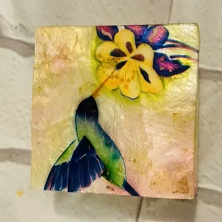Photo of Small Square Trinket Box with Lid, Hummingbird & Yellow Flower Design