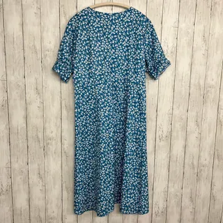 Photo of Blue Floral Midi Dress Short Sleeve V-Neck Button Front Slit Casual Medium