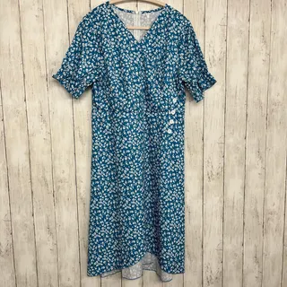 Photo of Blue Floral Midi Dress Short Sleeve V-Neck Button Front Slit Casual Medium