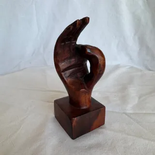 Photo of Vintage Walnut Sculpture Hand Symbol OK Gesture Quirky Art