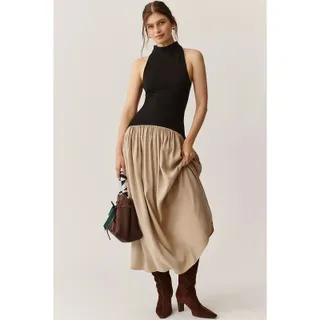 Photo of New Anthropologie Maeve Mariana Drop-Waist Maxi Dress $168 X-LARGE Black & Tan