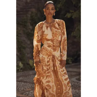 Photo of New Farm Rio x Anthropologie Long-Sleeve Jacquard Maxi Dress $298 LARGE Gold