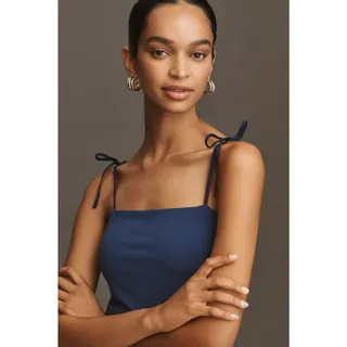 Photo of New Anthropologie Square-Neck Twofer Midi Dress $158 X-LARGE Navy/Brown