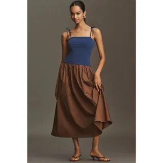 Photo of New Anthropologie Square-Neck Twofer Midi Dress $158 X-LARGE Navy/Brown