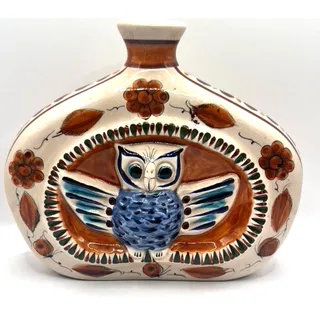 Photo of Vintage Mexican Stoneware Pottery Hand Painted Vase with Owl 7.1"T x 8.5" x 3"