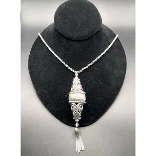Photo of Vintage Whiting & Davis Silver Tone Chain Necklace Filigree Mesh Tassel Pendant