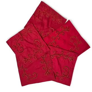 Photo of Vintage Kim Seybert Burgundy Red Slub Silk Embroidered Square Napkins: Set of 5