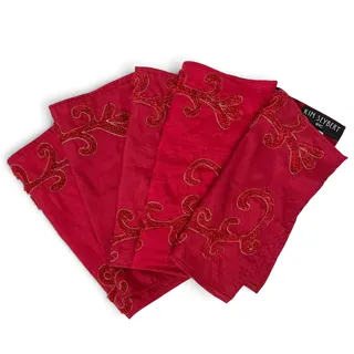 Photo of Vintage Kim Seybert Burgundy Red Slub Silk Embroidered Square Napkins: Set of 5