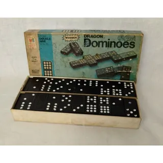 Photo of 1970 Black Wooden DRAGON Double Nine Dominoes - 55 Pieces - Milton Bradley