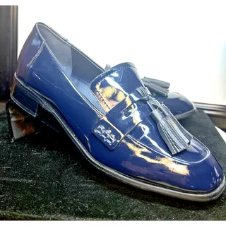 Photo of Trifari Navy Blue Tassel Loafers Womens 6.5 Glossy Leather Vintage Style