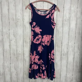 Photo of Lil Better Navy Pink Floral Rose Sleeveless Pleated Ruffle Hem Tank Dress Small