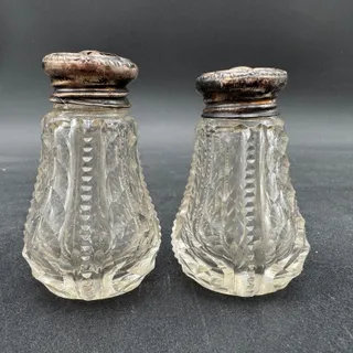 Photo of Antique Cut Crystal ABP Brilliant Period Salt Pepper Shakers Sterling Silver