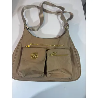Photo of Baggallini Beige Bag San Marino Nylon Satchel Shoulder Purse Handbag Slate Gold