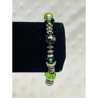 Photo of Vintage Green Glass Beaded Stretch Bracelet w/ Silver Wide Cone Spacers