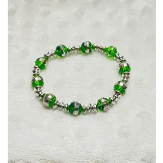 Photo of Vintage Green Glass Beaded Stretch Bracelet w/ Silver Wide Cone Spacers