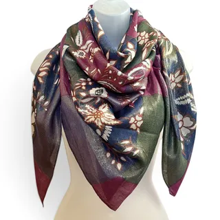 Photo of Vintage Oscar De La Renta Metallic Knit Floral Patchwork Print Square Scarf