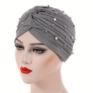 Photo of Faux Pearl Rhinestone Decor Turban Gray Head Wraps Elastic Head Scarf Chemo Cap