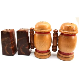 Photo of Lot 2 Two Vintage Salt Pepper Shakers Round Wood Handles S P Red Trim