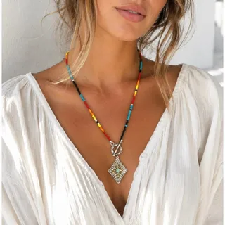 Photo of Handmade Vibrant Boho Seed Bead Bolo Lariat Drop Necklace