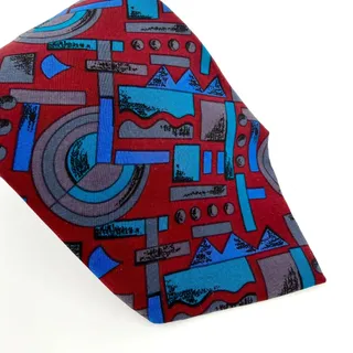 Photo of Vintage 90s Gianfranco Ruffini Red Teal 100% Silk Abstract Geometric Necktie