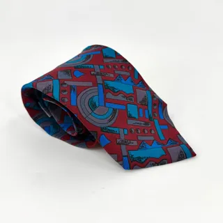 Photo of Vintage 90s Gianfranco Ruffini Red Teal 100% Silk Abstract Geometric Necktie
