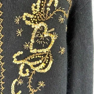 Photo of Vintage 90s Karen Scott Black Gold Sequin Beaded Holiday Cardigan