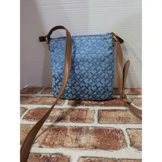 Photo of Tommy Hilfiger Crossbody Bag Blue Monogram Geometric Logo Purse Brown Strap