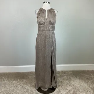 Photo of R&M Richards Gold Column Evening Gown Metallic Cut Out Halter Dress Size 6