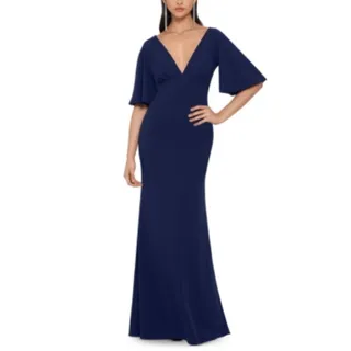 Photo of Betsy & Adam Blue Evening Gown Short Sleeve Long A-Line Formal Dress Size 6
