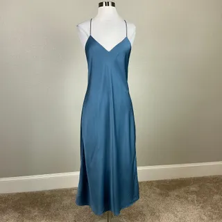 Photo of Ralph Lauren Blue Cocktail Dress Satin Strappy Back Midi Slip Shift Size 16