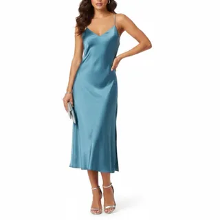 Photo of Ralph Lauren Blue Cocktail Dress Satin Strappy Back Midi Slip Shift Size 16