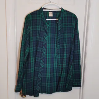 Photo of Blair Green Navy Plaid Overshirt Teal Smocked Top 2-PC Set Women’s Large EUC