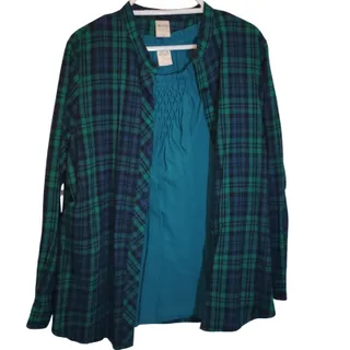 Photo of Blair Green Navy Plaid Overshirt Teal Smocked Top 2-PC Set Women’s Large EUC