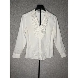 Photo of NY&Co 7th Avenue M White Ruffle Stretch Button Down Blouse