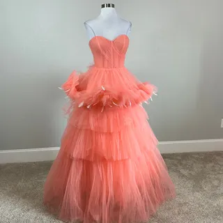Photo of Mac Duggal 20572 Coral Pink Ball Gown Strapless Tulle Ruffle Feather Dress Sz 8