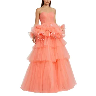 Photo of Mac Duggal 20572 Coral Pink Ball Gown Strapless Tulle Ruffle Feather Dress Sz 8