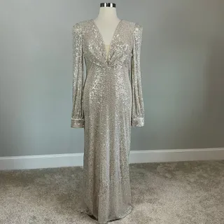 Photo of Mac Duggal 26722 Gold Evening Gown Sequined Long Sleeve A-Line Dress Size 16