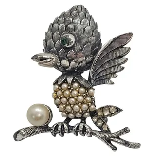 Photo of Tortolani Vintage 60s Baby Bird Brooch Pave Pearl Rhinestone Silver Tone