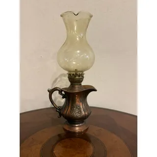 Photo of Vintage Miniature Copper Oil Lamp Pitcher Base Ruffled Glass Chimney Hong Kong