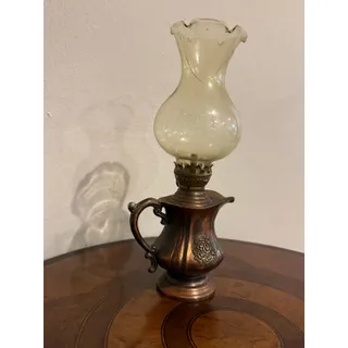 Photo of Vintage Miniature Copper Oil Lamp Pitcher Base Ruffled Glass Chimney Hong Kong