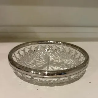 Photo of Vintage Cut Glass 3 Compartment Divided Relish Dish Candy Bowl Silver Rim