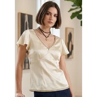 Photo of Vintage Y2K Pierre Cardin Satin Side Zip Fitted Blouse with Seed Bead Details