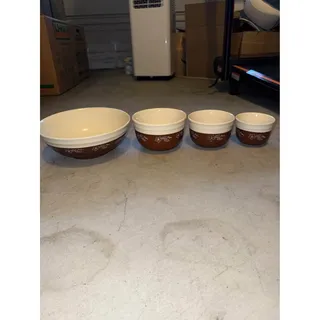 Photo of 1940s VTG Set of Nesting-Mixing-Dough BOWLS Off-WHITE & BROWN Flowers OXFORD STONEWARE