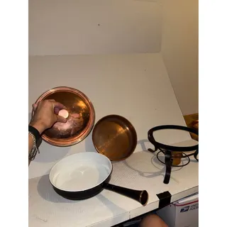 Photo of Vintage Copper Chafing Dish with Wood Handle and White Enamel Inside