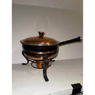 Photo of Vintage Copper Chafing Dish with Wood Handle and White Enamel Inside