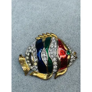 Photo of Vintage Multicolor Enamel and Rhinestone Fish Brooch Gold Fins Green 