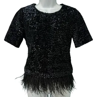 Photo of Ann Taylor Black Sequin Short Sleeve Feather Trim Round Neck Shirt Top Size XS